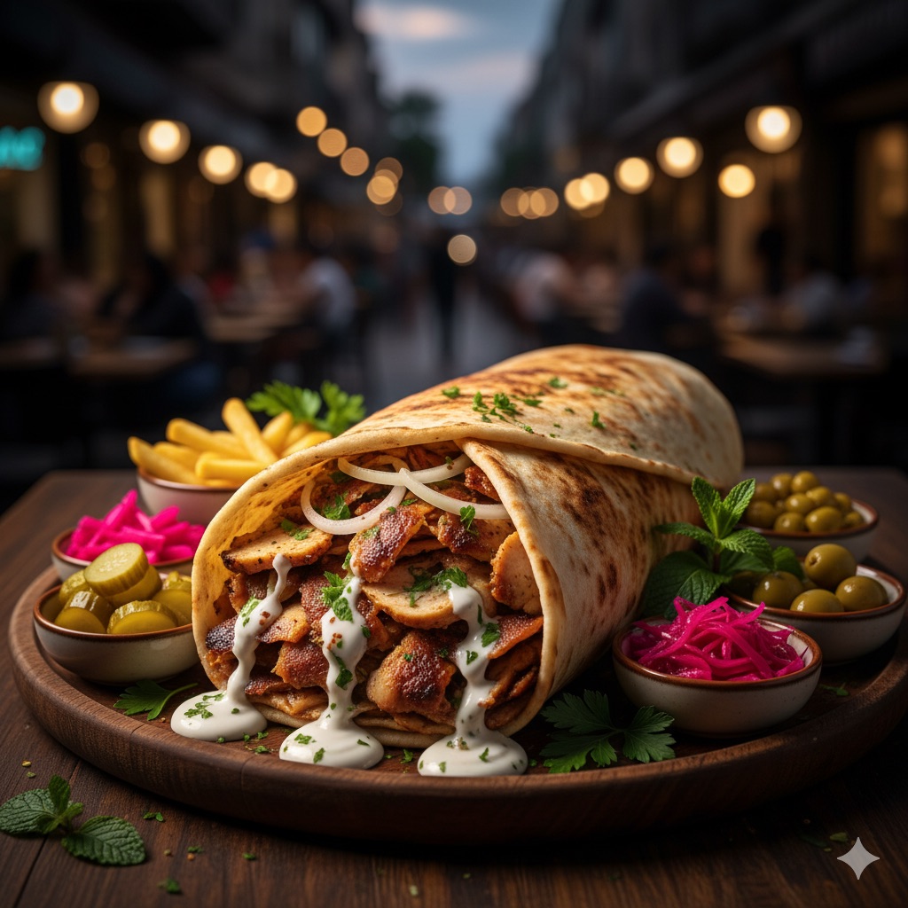 ‏אילוסטרציה AI שווארמה פינה לבנה יהוד